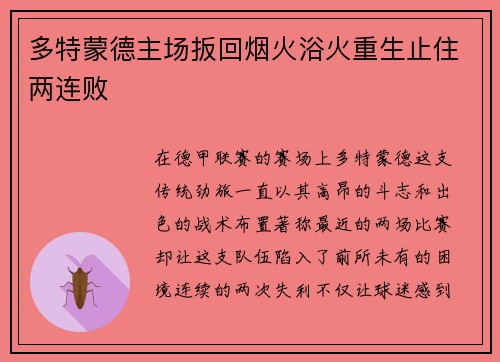 多特蒙德主场扳回烟火浴火重生止住两连败