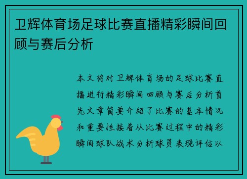 卫辉体育场足球比赛直播精彩瞬间回顾与赛后分析