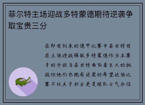菲尔特主场迎战多特蒙德期待逆袭争取宝贵三分